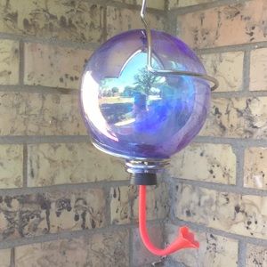 Hummingbird Blue Glass Globe Silver Metal Swirled